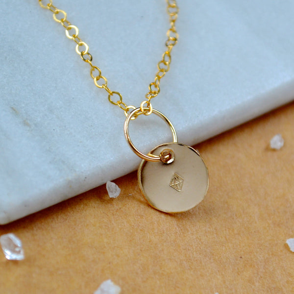 Gem Crystal charm pendant with linear geometric crystal image gold fill on simple chain