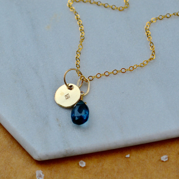 Gem Crystal charm pendant with linear geometric crystal image gold fill with london blue topaz gem charm on simple chain
