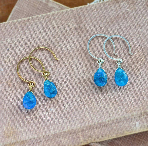 Lagoon Earrings: Neon Blue Apatite Earrings Gemstone Earrings Sustainable Jewelry 14K Gold  Earrings Handmade Gemstone Drop Earrings with Stones