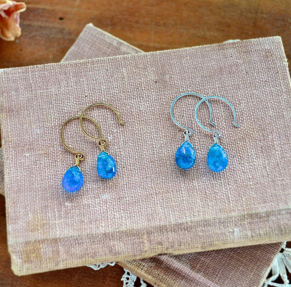 Lagoon Earrings: Neon Blue Apatite Earrings Gemstone Earrings Sustainable Jewelry white Gold Earrings Handmade Gemstone Drop Earrings with Stones
