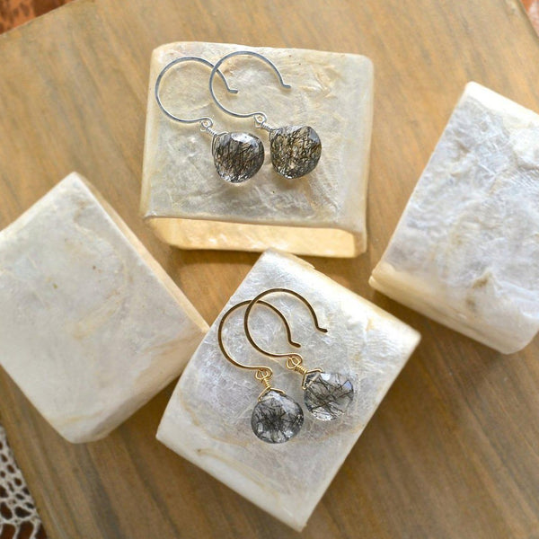Black Sea Earrings - 14K gold black striped tourmalinated quartz gemstone drop earrings - Foamy Wader