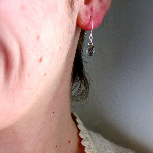 Black Sea Earrings - black striped tourmalinated quartz gemstone drop earrings - Foamy Wader