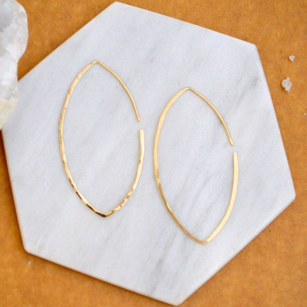 Buffy Hoop Earrings - handmade hammered marquise sleek hoop earrings in 14k gold - Foamy Wader