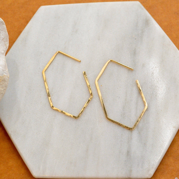 Buoy Hoop Earrings - handmade hammered elongated hexagon hoop earrings - Foamy Wader