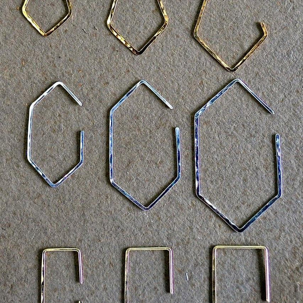 Buoy Hoop Earrings - handmade hammered elongated hexagon hoop earrings in 14k gold - Foamy Wader