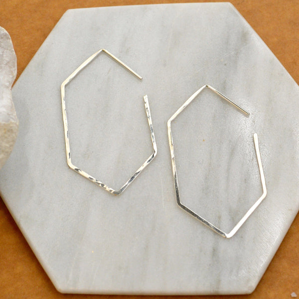 Buoy Hoop Earrings - handmade hammered elongated hexagon hoop earrings in 14k gold - Foamy Wader