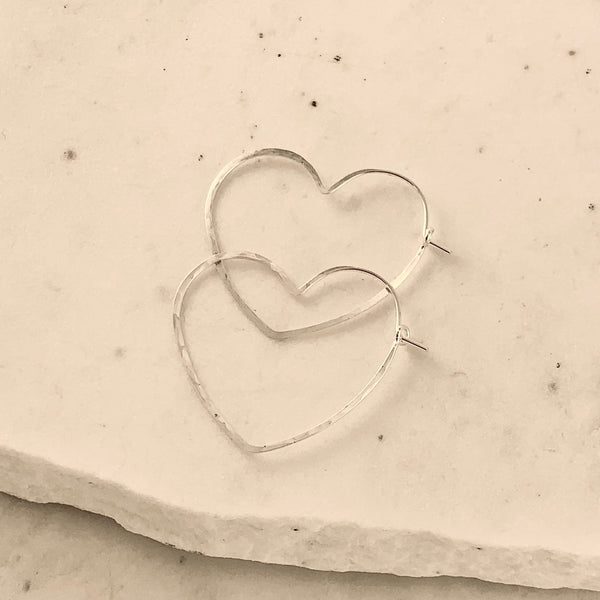 Open Heart Hoop Earrings - lightweight heart shaped hammered hoop earrings - Foamy Wader