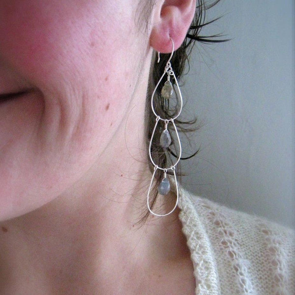 Peacock Feathers Earrings - long triple dangle earrings in labradorite - Foamy Wader