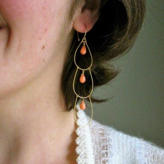 Peacock Feathers Earrings - long triple dangle earrings in peach coral - Foamy Wader