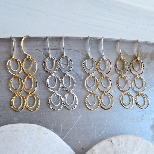 Skipping Stones Earrings - dangling multi circle earrings in gold, silver, or mixed metals - Foamy Wader