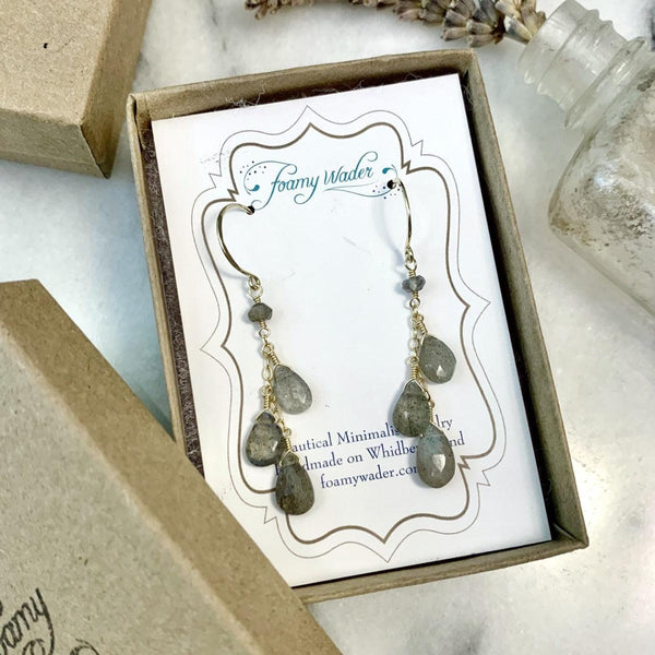 Gray Skies Earrings - labradorite gemstone dangle tendrils earrings - Foamy Wader