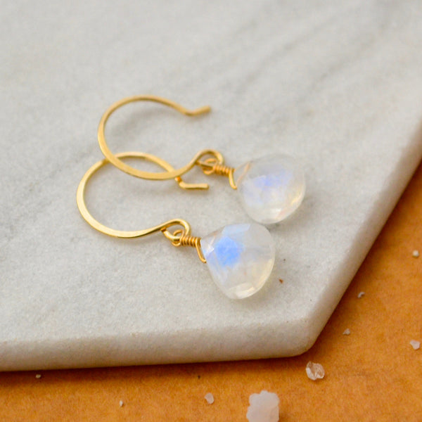 Moon Shadow Earrings - white rainbow moonstone gemstone drop earrings - Foamy Wader