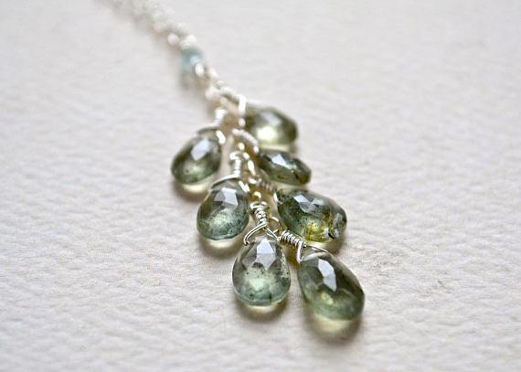 Cascades Necklace - teal moss aquamarine gemstone tendril dangle necklace in gold or silver - Foamy Wader
