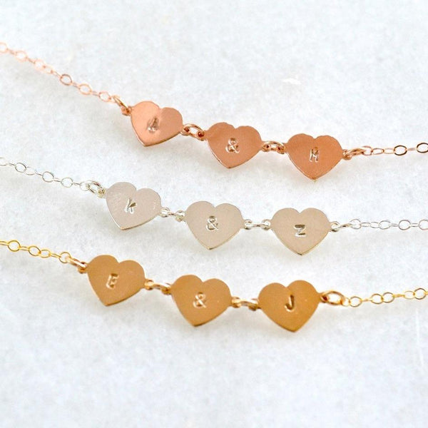 Connected Hearts Necklace - handmade linked triple heart charm necklace with initials - Foamy Wader