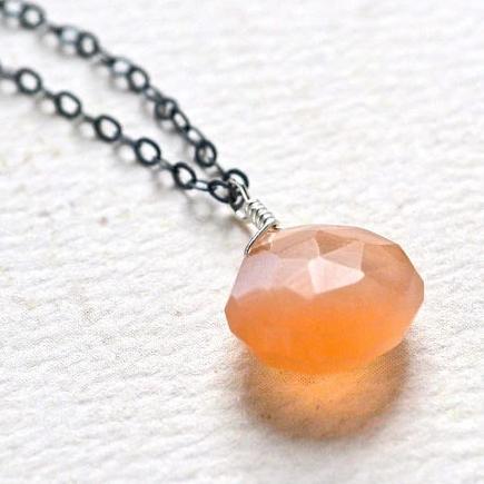 Dusk Necklace - peach moonstone gemstone solitaire necklace 14k gold - Foamy Wader