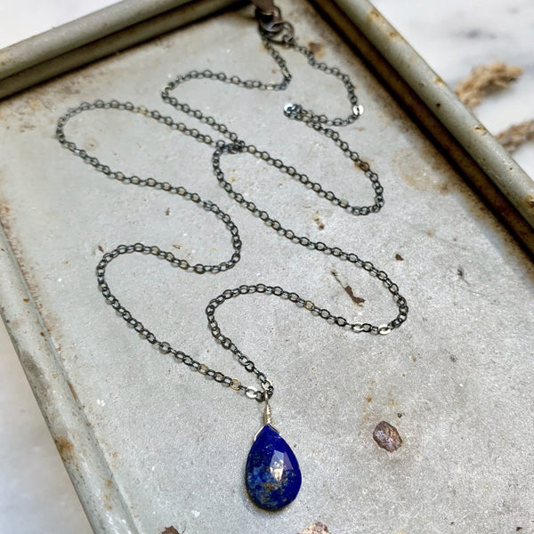 Midnight Solitaire Necklace - blue and gold lapis lazuli gemstone solitaire necklace - Foamy Wader