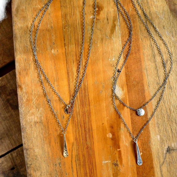 Oar Necklace - handmade double strand necklace with hammered circle and paddle charms - Foamy Wader