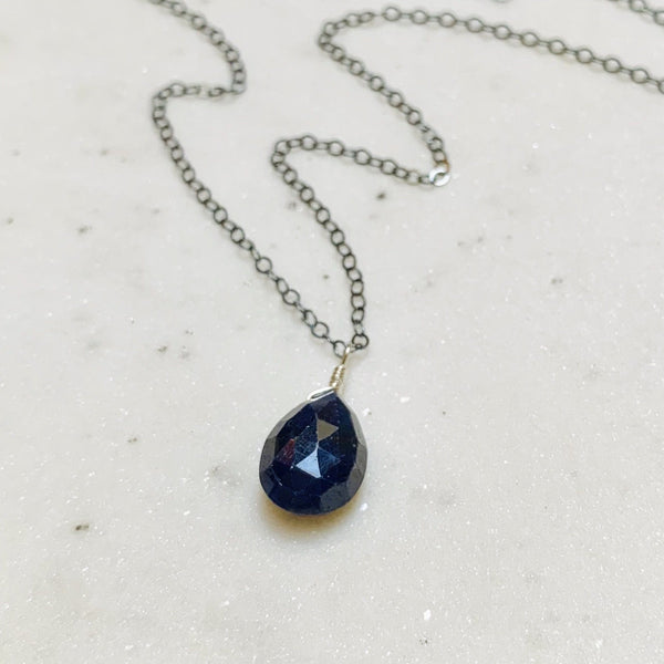 September Necklace - navy blue sapphire gemstone solitaire necklace - Foamy Wader