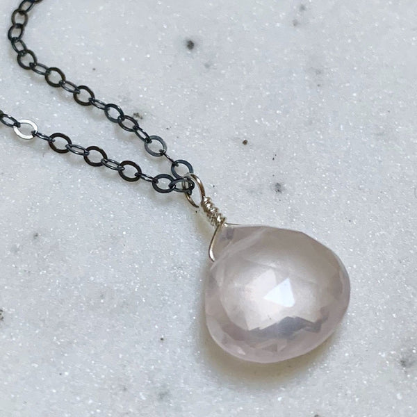 Vie en Rose Necklace - blush pink rose quartz gemstone solitaire necklace - Foamy Wader