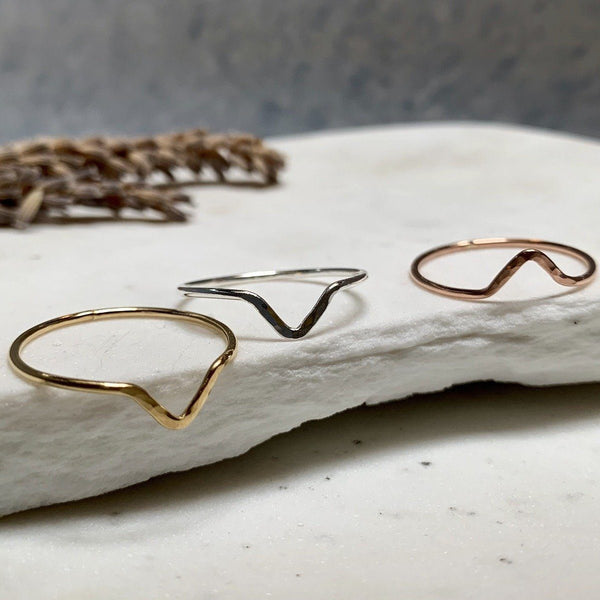 Chevron Ring - handmade precious metal hammered chevron peak stacking ring - Foamy Wader