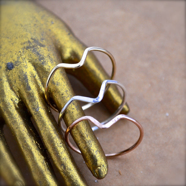Chevron Ring - handmade precious metal hammered chevron peak stacking ring - Foamy Wader